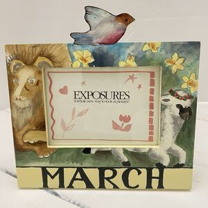 Vtg Exposures HandPainted "March" Months of the Year 4X6 Picture Frame Lion Lamb